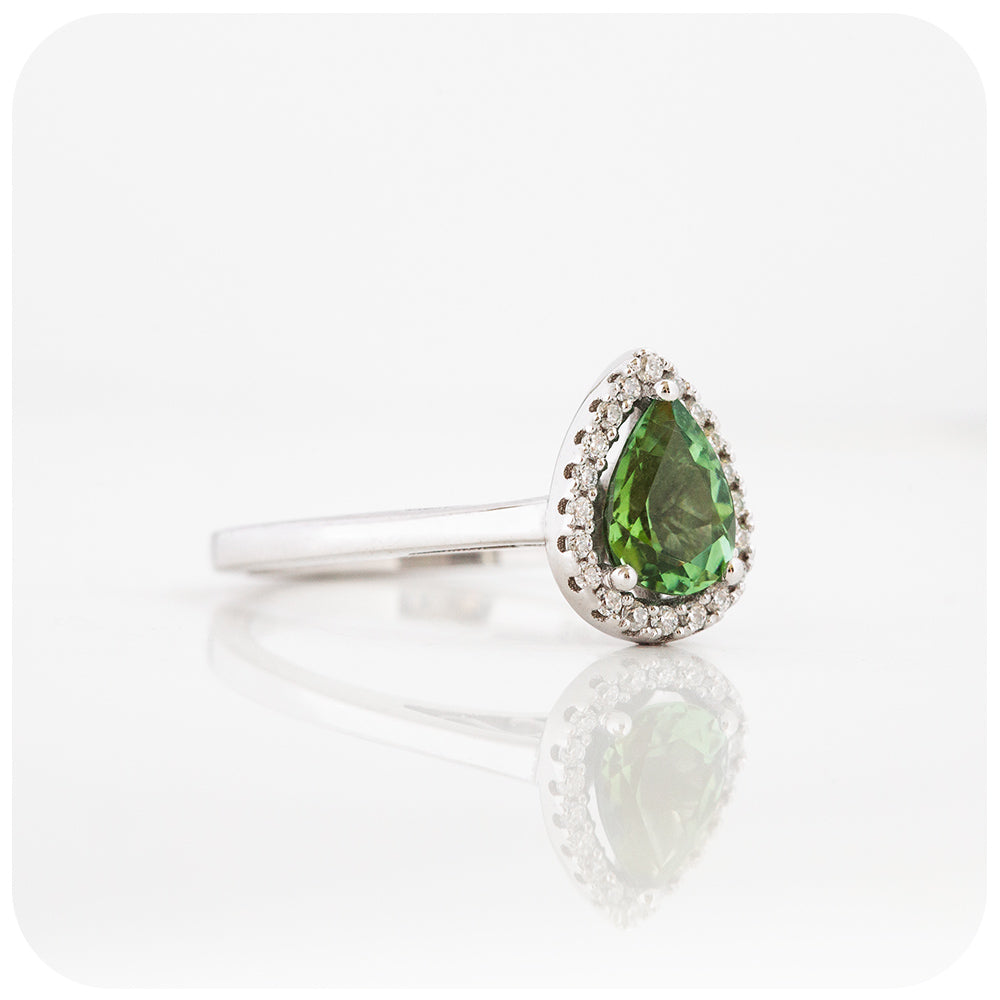 Pear cut Green Tourmaline and Moissanite Halo Engagement Wedding Ring - Victoria's Jewellery