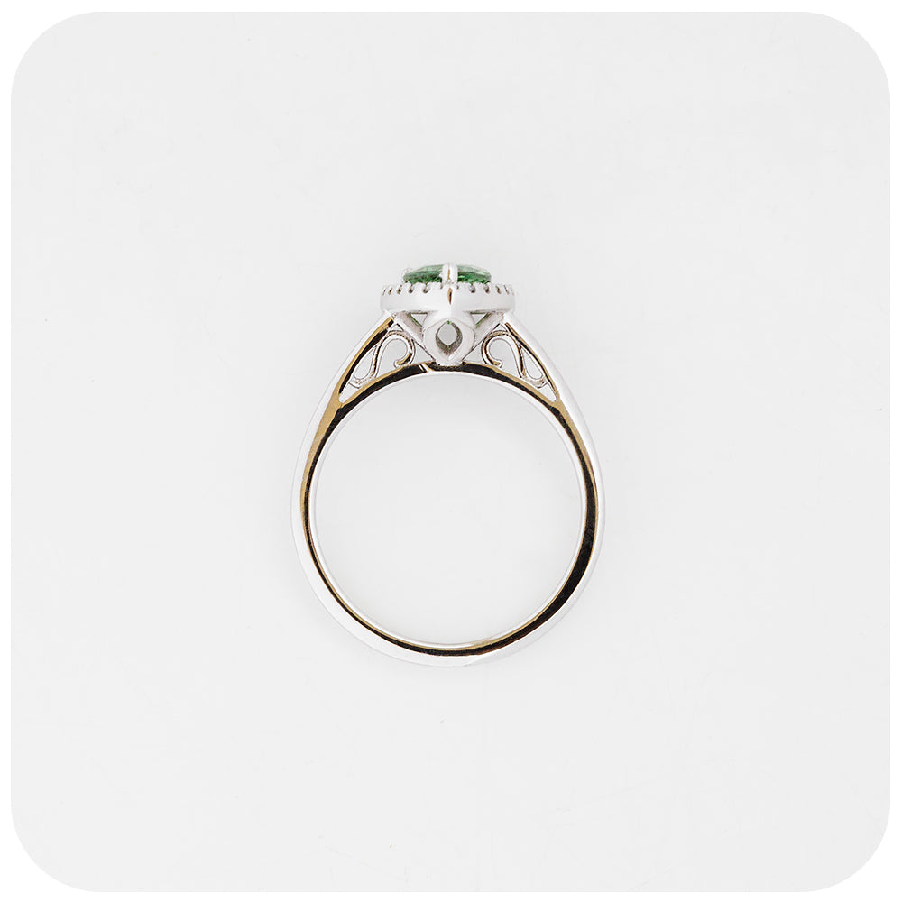 Pear cut Green Tourmaline and Moissanite Halo Engagement Wedding Ring - Victoria's Jewellery