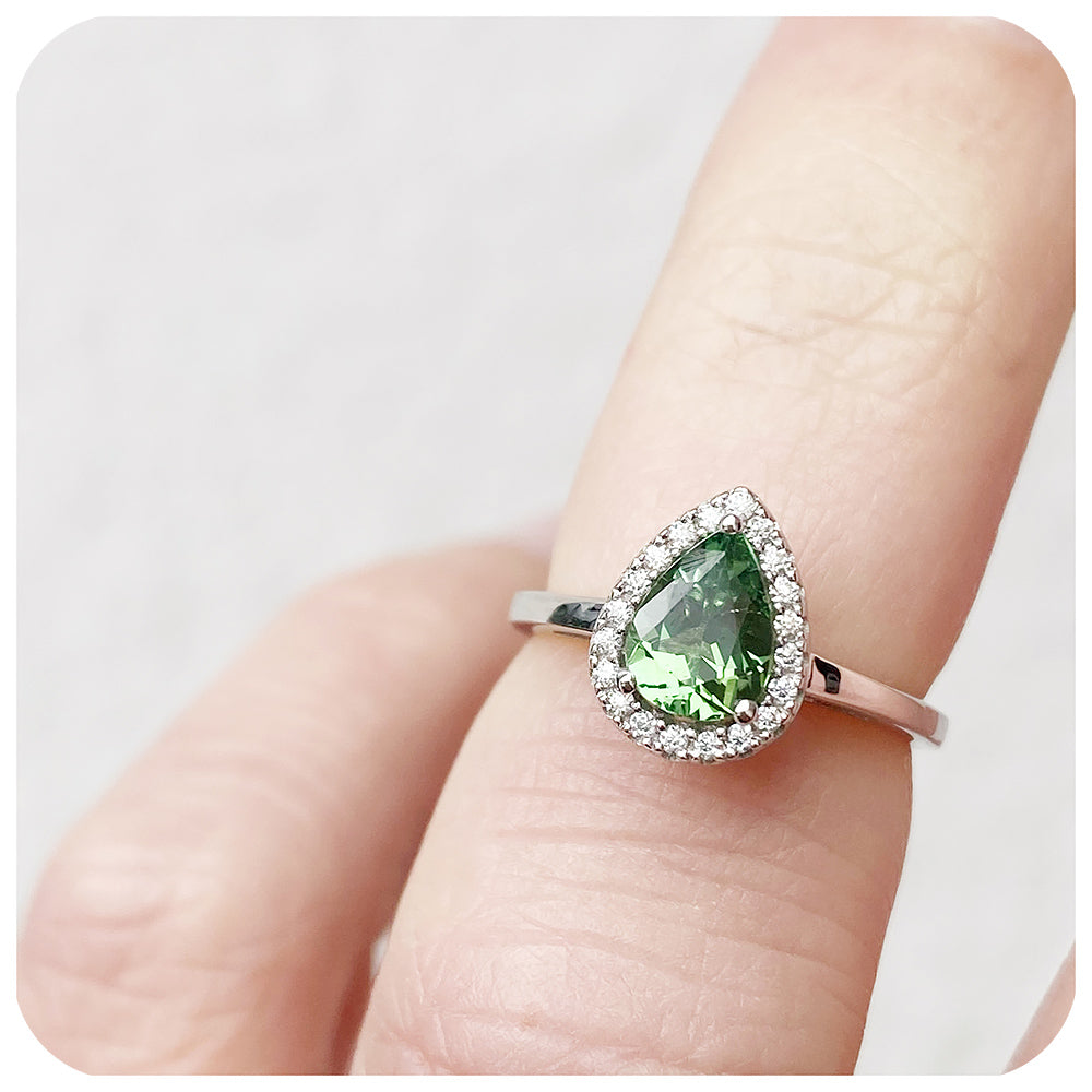 Pear cut Green Tourmaline and Moissanite Halo Engagement Wedding Ring - Victoria's Jewellery