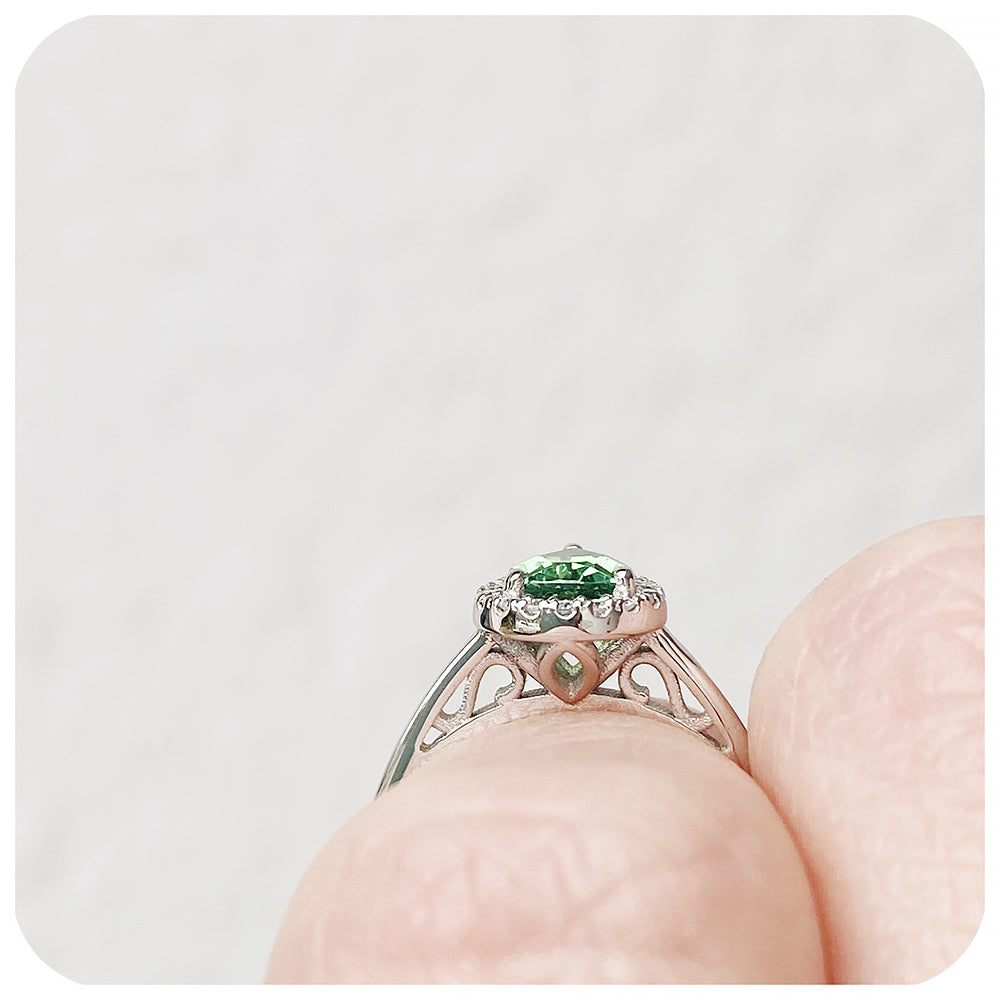 Pear cut Green Tourmaline and Moissanite Halo Engagement Wedding Ring - Victoria's Jewellery