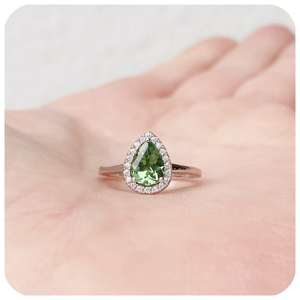 Pear cut Green Tourmaline and Moissanite Halo Engagement Wedding Ring - Victoria's Jewellery