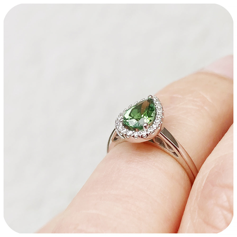 Pear cut Green Tourmaline and Moissanite Halo Engagement Wedding Ring - Victoria's Jewellery