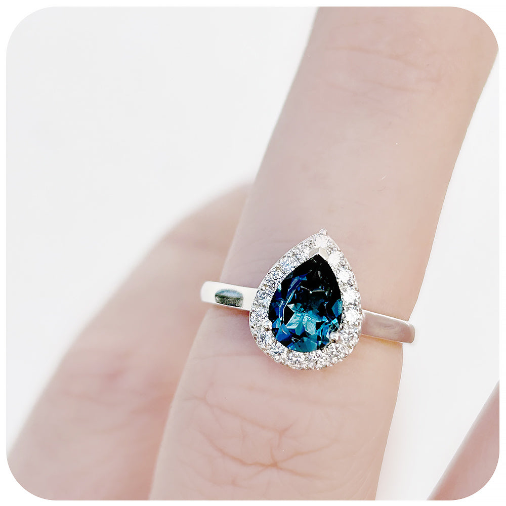 Pear cut London Blue Topaz and Diamond Halo Engagement Ring - Victoria's Jewellery
