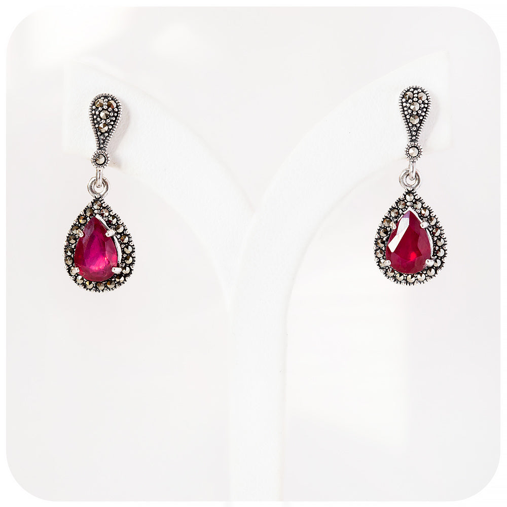 Pear cut Ruby Drop Earrings in Sterling Silver