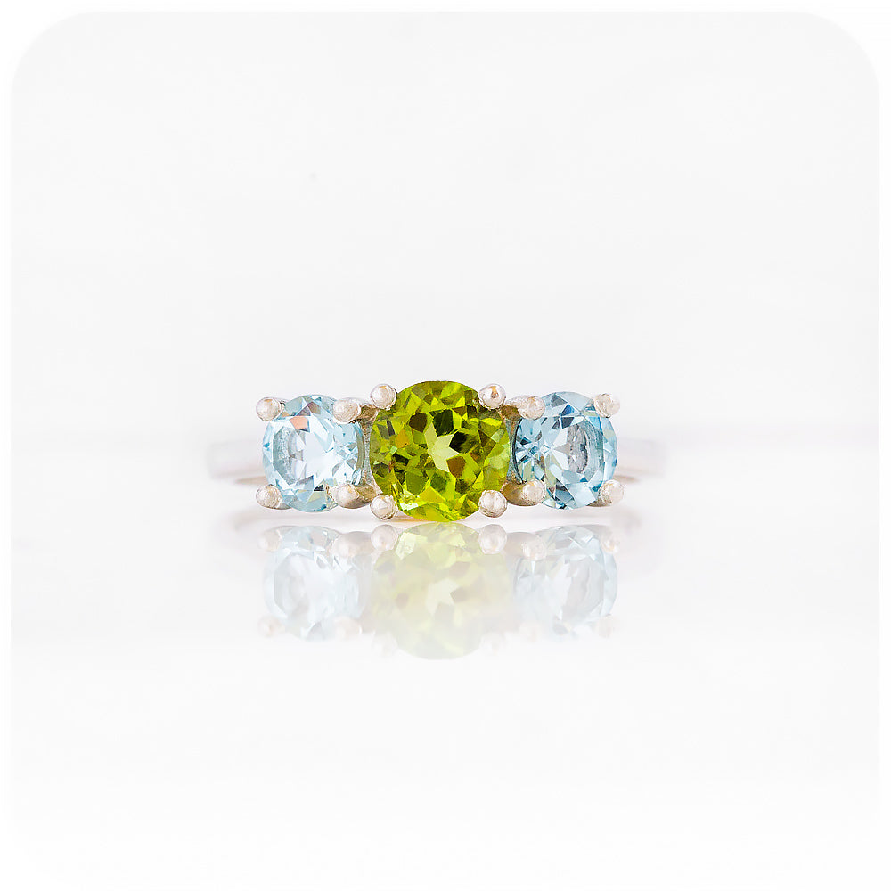 Round cut Trilogy Anniversary ring with Peridot and Sky Blue Topaz - Victoria's Jewellery