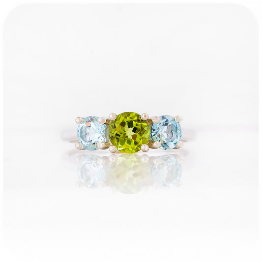 Round cut Trilogy Anniversary ring with Peridot and Sky Blue Topaz - Victoria's Jewellery