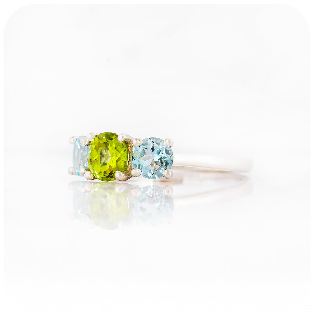 Round cut Trilogy Anniversary ring with Peridot and Sky Blue Topaz - Victoria's Jewellery