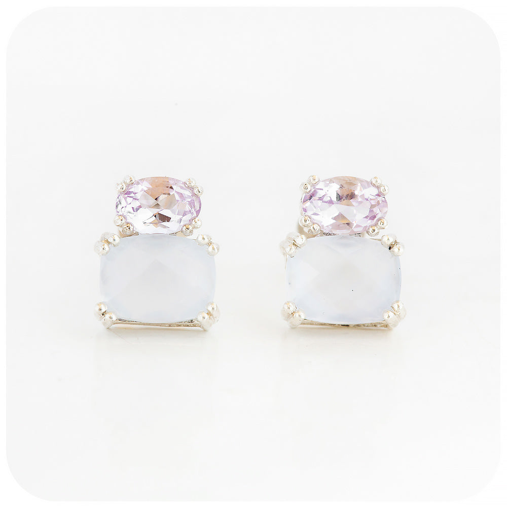 pink amethyst and chalcedony stud earrings in sterling silver