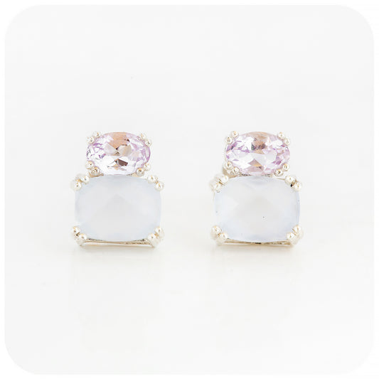 pink amethyst and chalcedony stud earrings in sterling silver