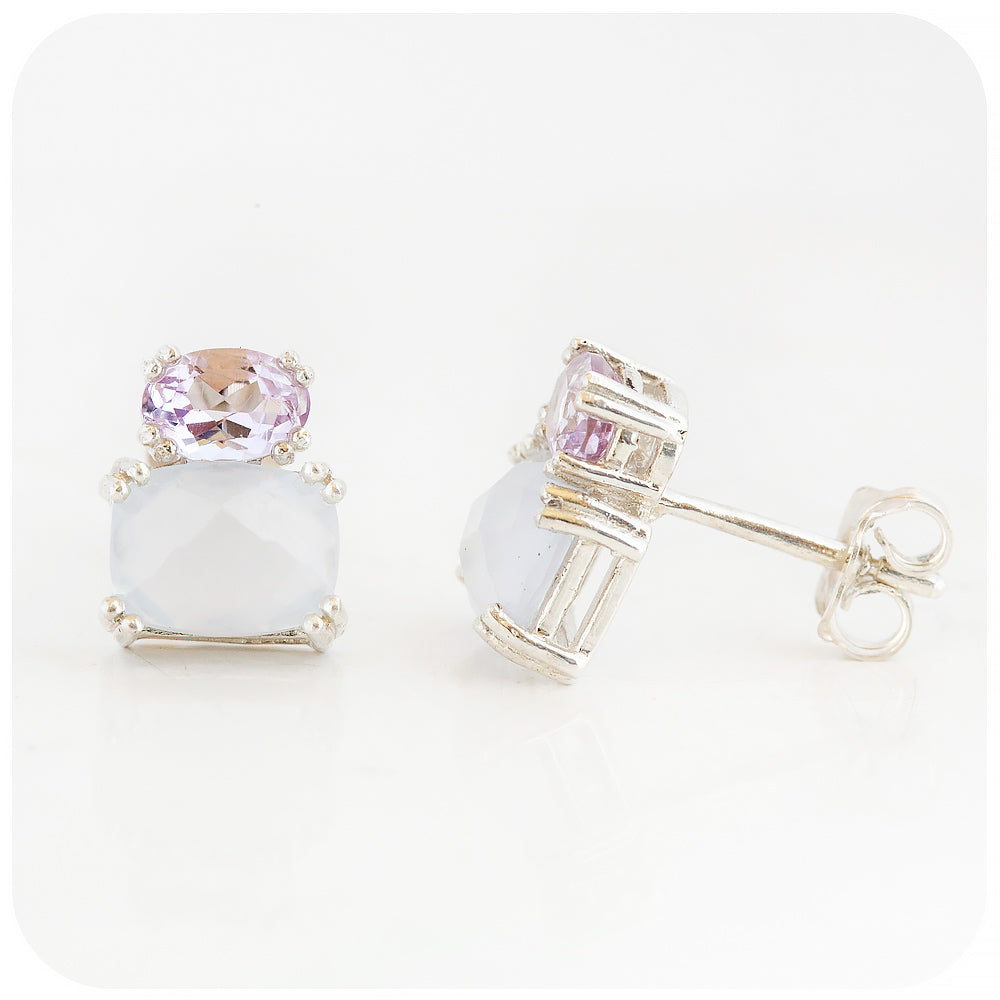 pink amethyst and chalcedony stud earrings in sterling silver