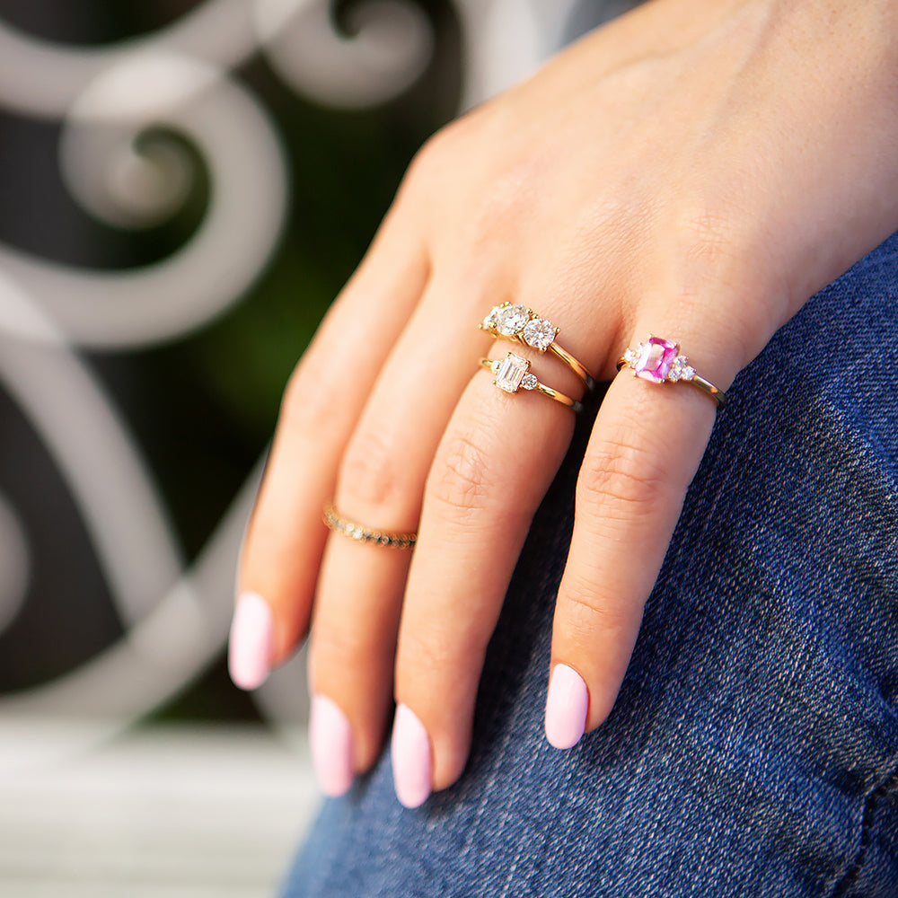 Emerald and Brilliant cut Moissanite Trilogy Engagement ring Yellow Gold - Victoria's Jewellery
