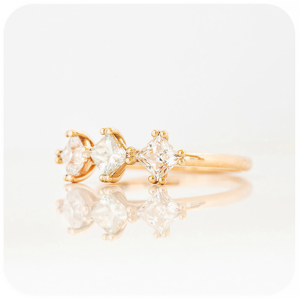 Princess cut Moissanite Trilogy Engagement Ring - Victoria's Jewellery