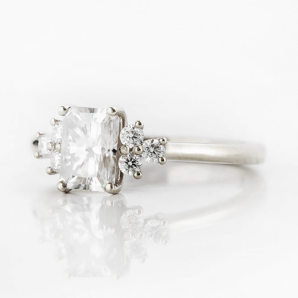 Radiant cut Moissanite Cluster Engagement Ring in White Gold - Victoria's Jewellery