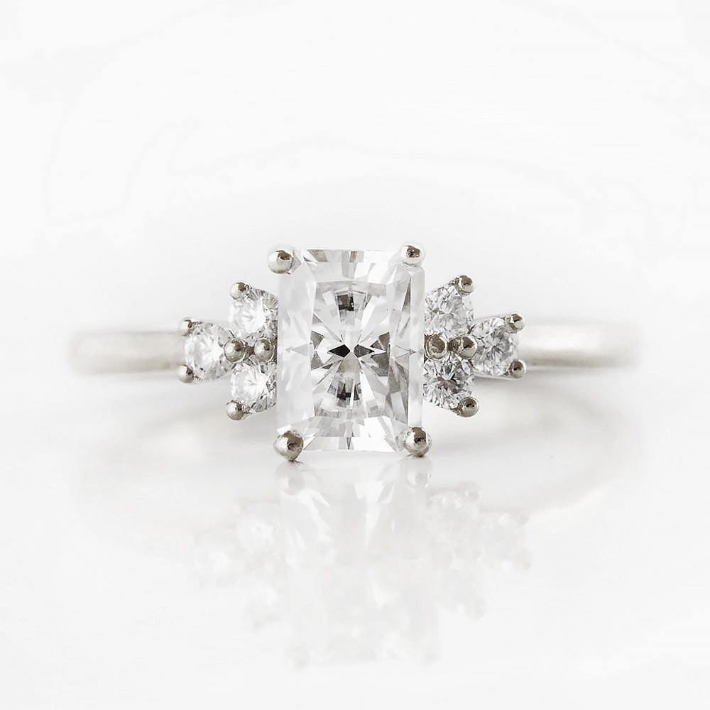 Radiant cut Moissanite Cluster Engagement Ring in White Gold - Victoria's Jewellery