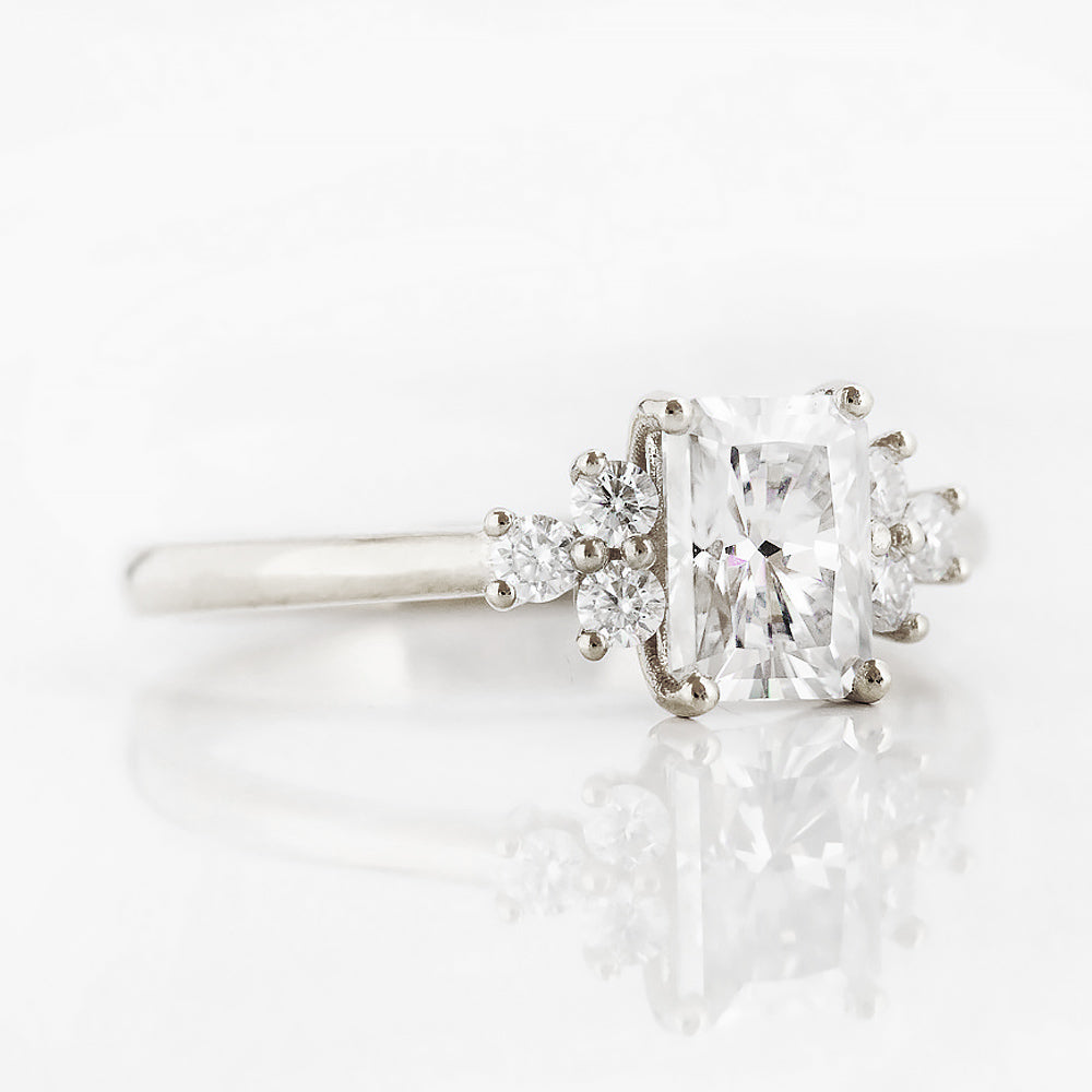 Radiant cut Moissanite Cluster Engagement Ring in White Gold - Victoria's Jewellery