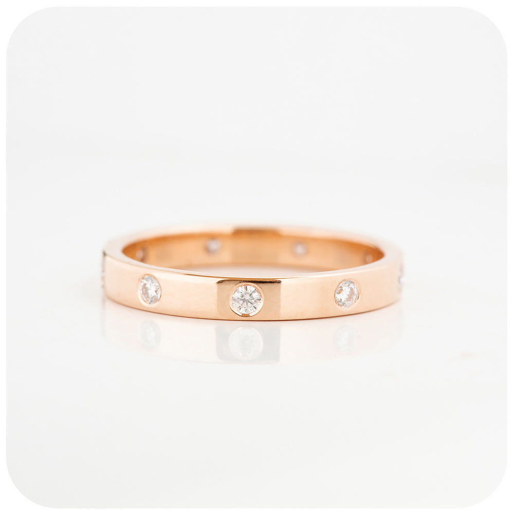 vintage style wedding band with brilliant cut moissanite flush set in a solid gold band - Victoria's Jewellery