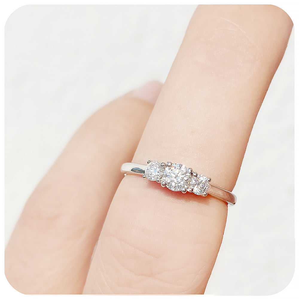 brilliant round cut moissanite trilogy engagement ring - Victoria's Jewellery