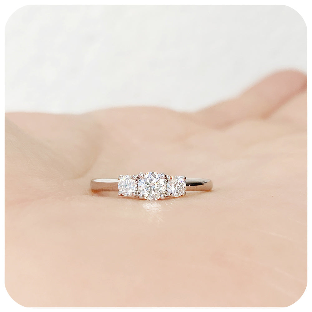 brilliant round cut moissanite trilogy engagement ring - Victoria's Jewellery