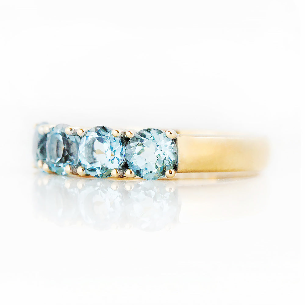 Round cut Aquamarine Half Eternity Ring in Yellow Gold - Victoria's Jewellery