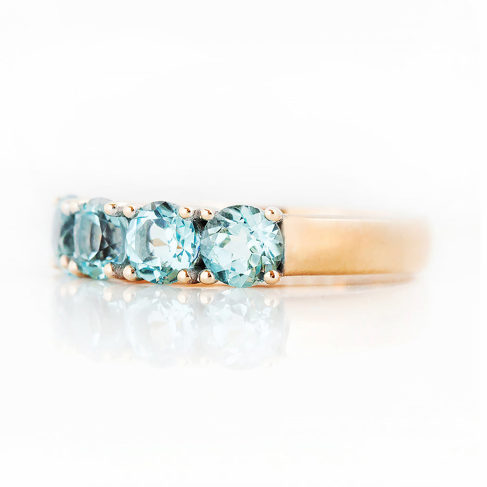 Round cut Aquamarine Half Eternity Ring in Rose Gold - Victoria's Jewellery