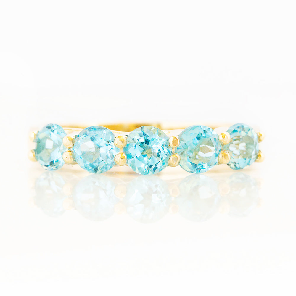 Round cut Aquamarine Half Eternity Trellis style Ring in Yellow Gold - Victoria's Jewellery