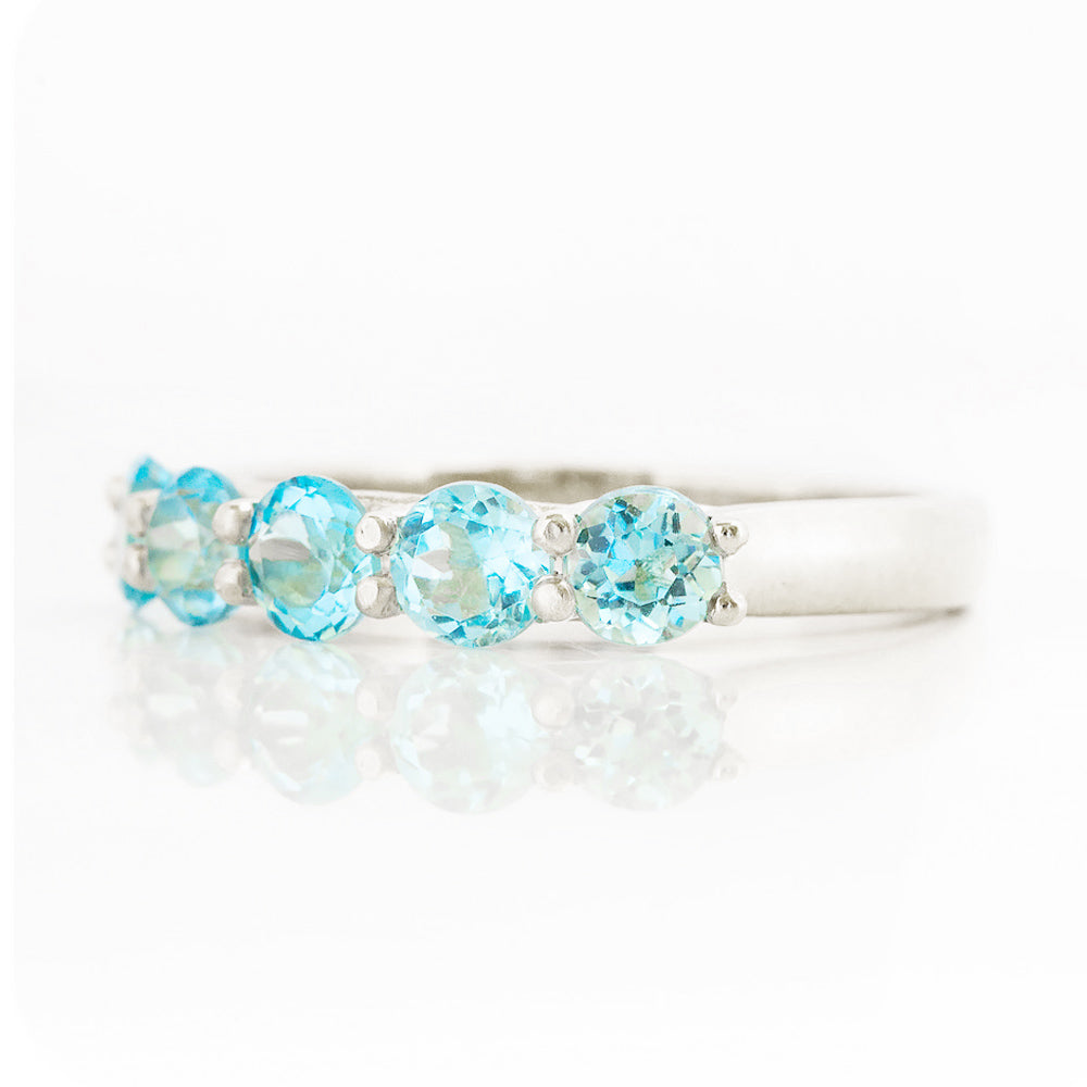 Round cut Aquamarine Half Eternity Trellis style Ring in White Gold - Victoria's Jewellery