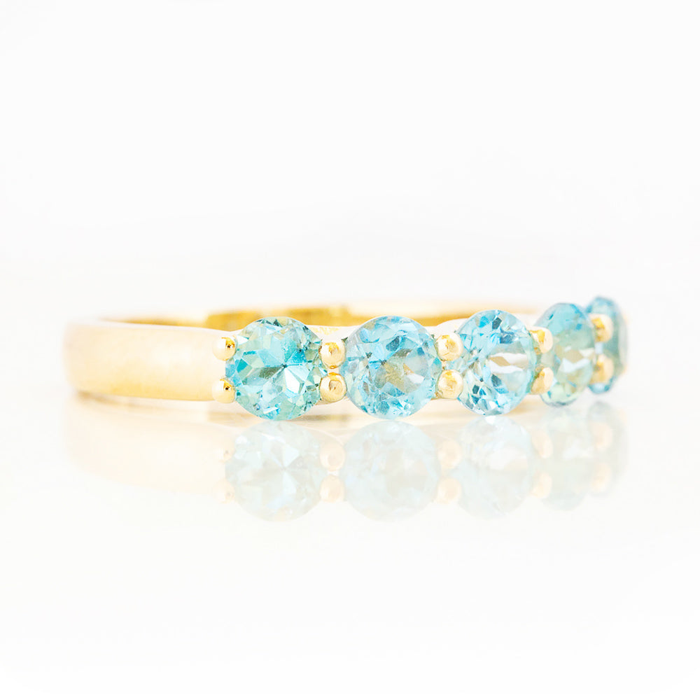 Round cut Aquamarine Half Eternity Trellis style Ring in Yellow Gold - Victoria's Jewellery