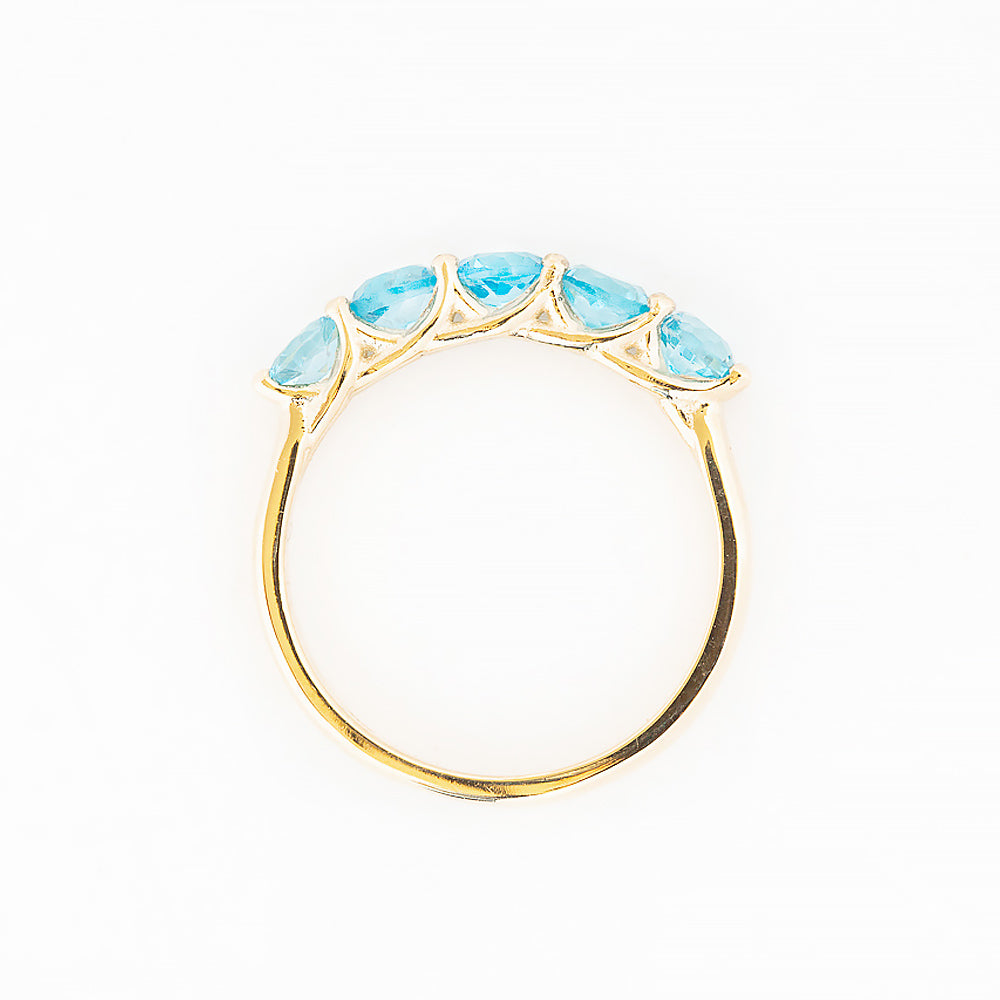 Round cut Aquamarine Half Eternity Trellis style Ring in Yellow Gold - Victoria's Jewellery