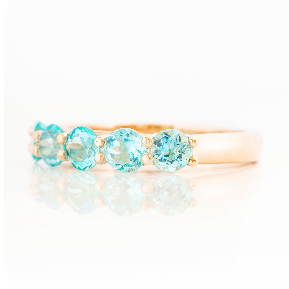 Round cut Aquamarine Half Eternity Trellis style Ring in Rose Gold - Victoria's Jewellery
