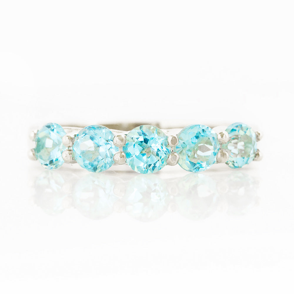 Round cut Aquamarine Half Eternity Trellis style Ring in White Gold - Victoria's Jewellery