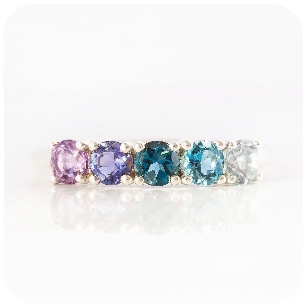 brilliant cut amethyst and topaz rainbow half eternity anniversary ring - Victoria's Jewellery