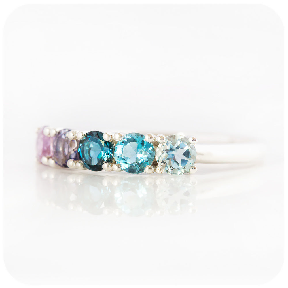 brilliant cut amethyst and topaz rainbow half eternity anniversary ring - Victoria's Jewellery