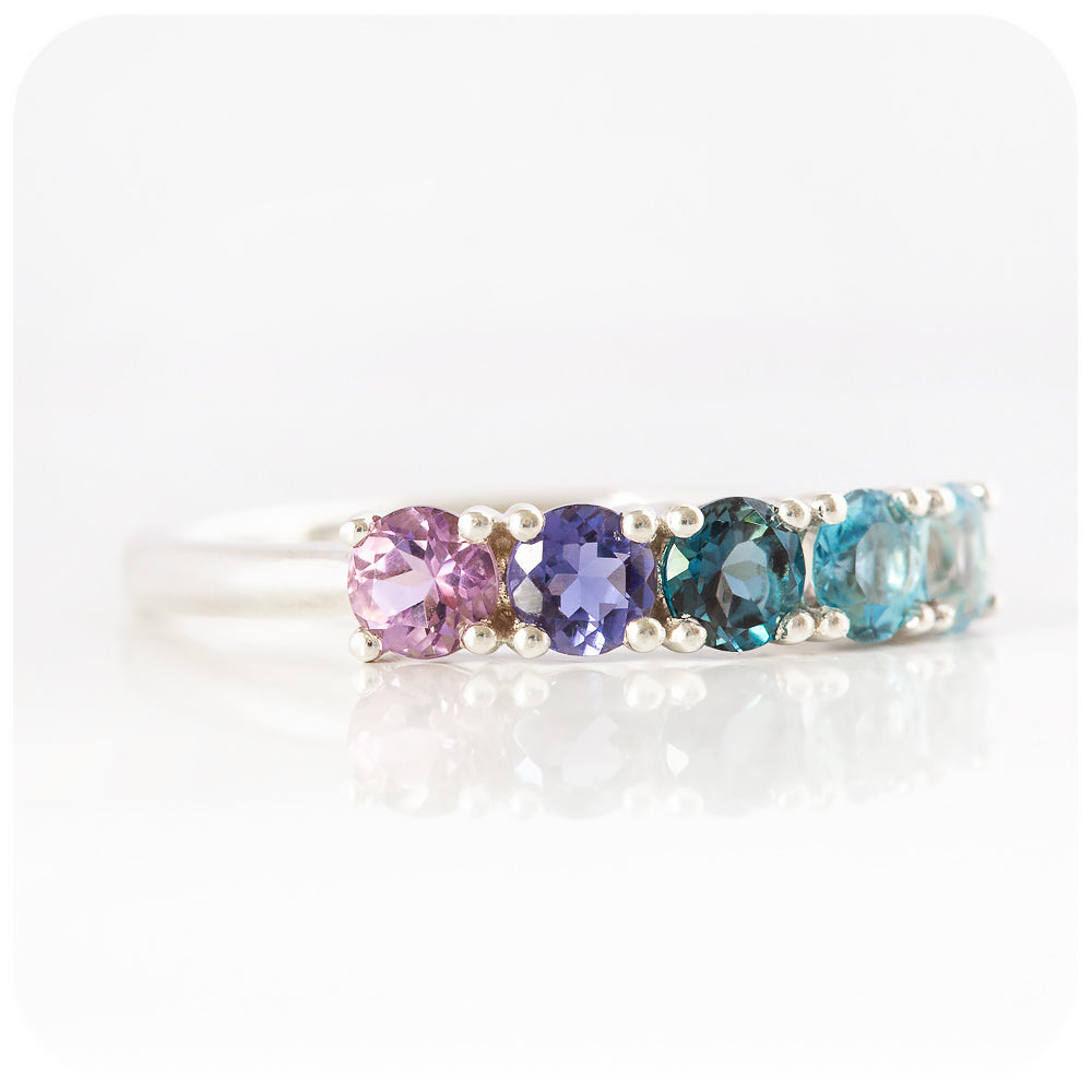 brilliant cut amethyst and topaz rainbow half eternity anniversary ring - Victoria's Jewellery