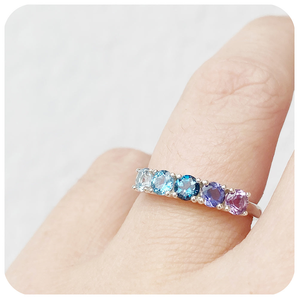 brilliant cut amethyst and topaz rainbow half eternity anniversary ring - Victoria's Jewellery