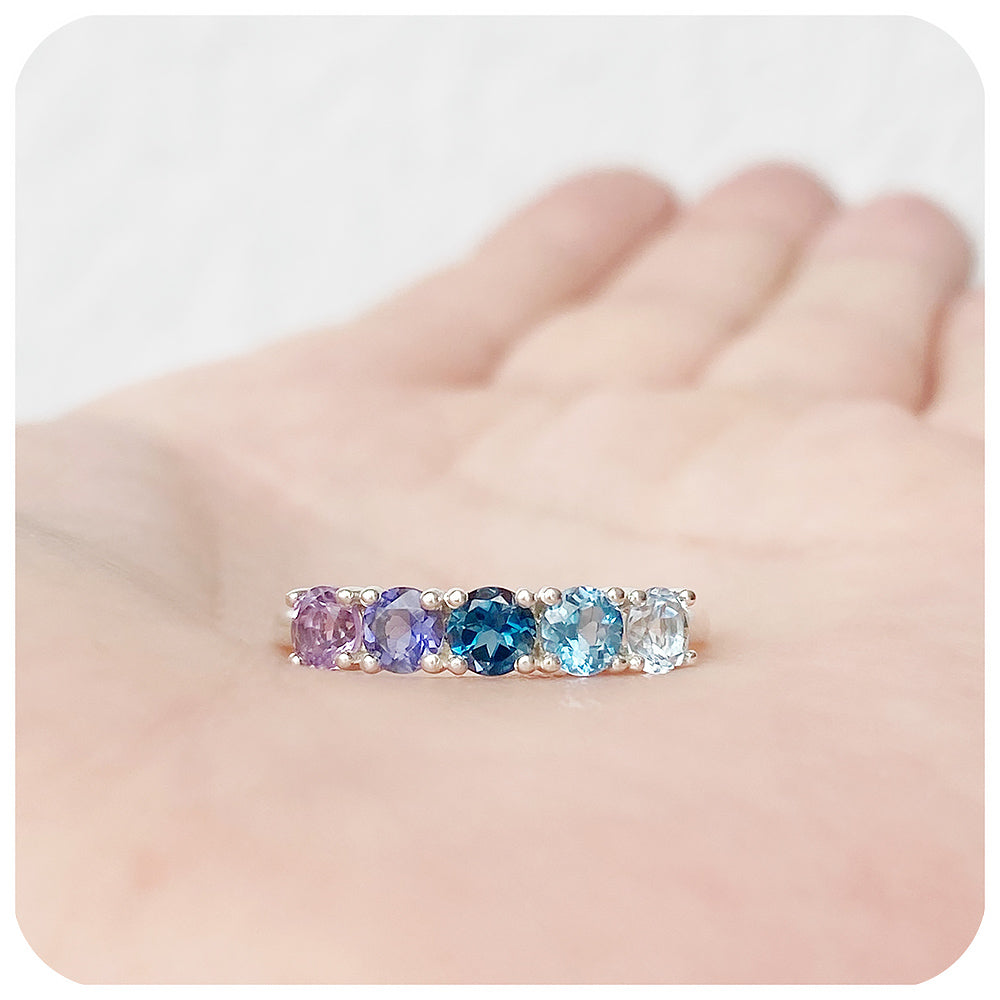 brilliant cut amethyst and topaz rainbow half eternity anniversary ring - Victoria's Jewellery