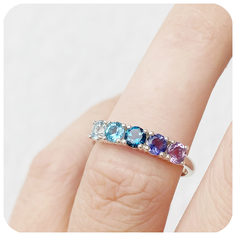 brilliant cut amethyst and topaz rainbow half eternity anniversary ring - Victoria's Jewellery