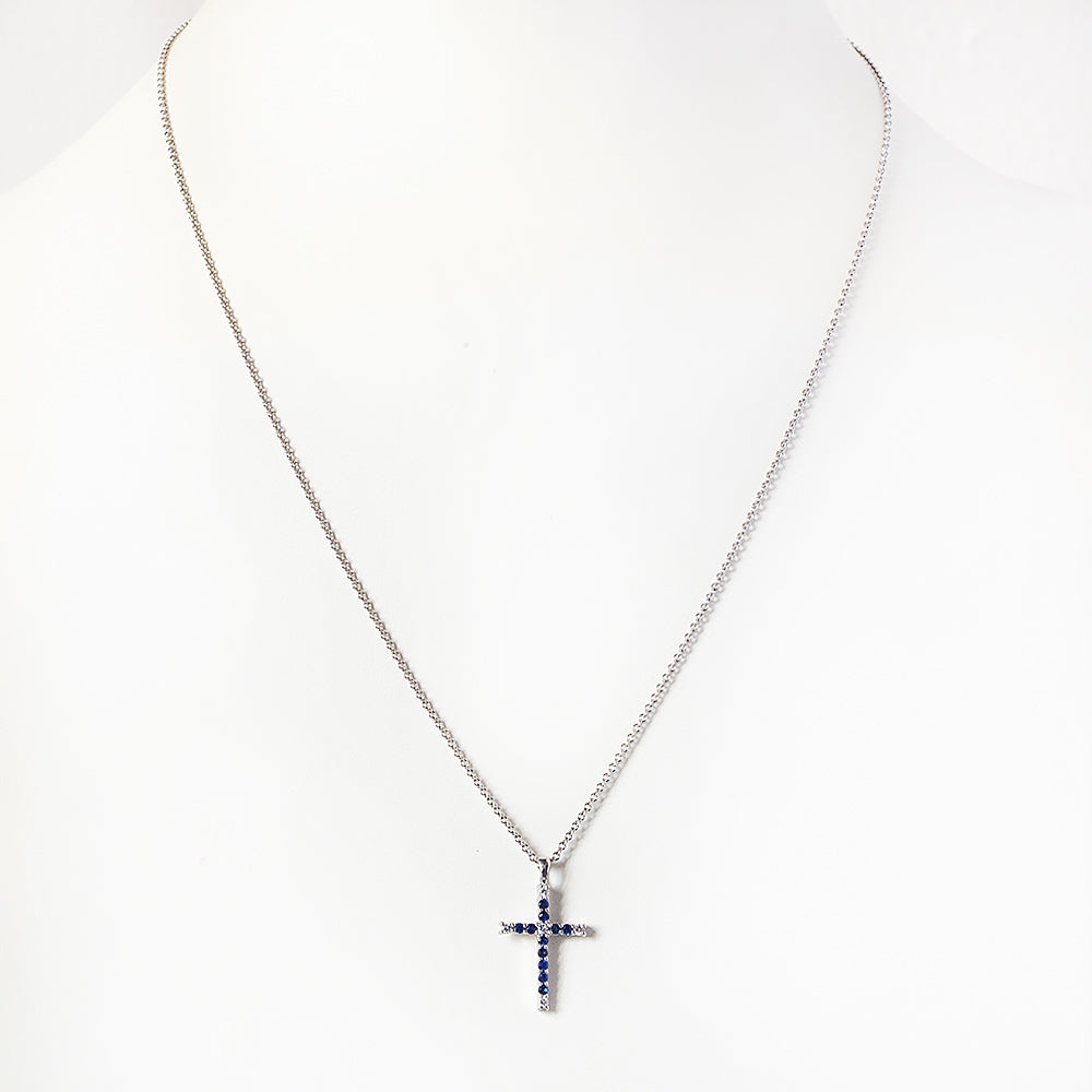 Cross Necklace with Blue Sapphire and Lab Diamonds