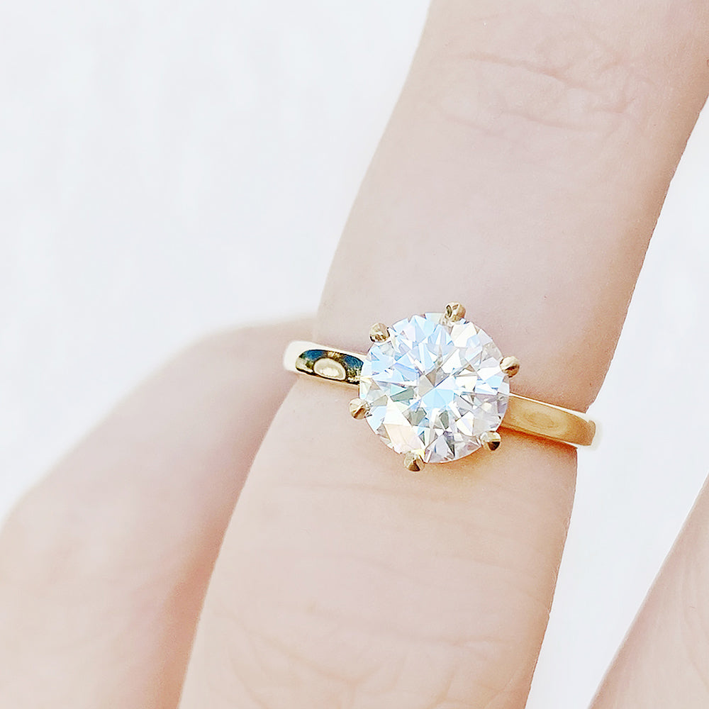 Round brilliant cut diamond solitaire engagement ring in yellow gold - Victoria's Jewellery