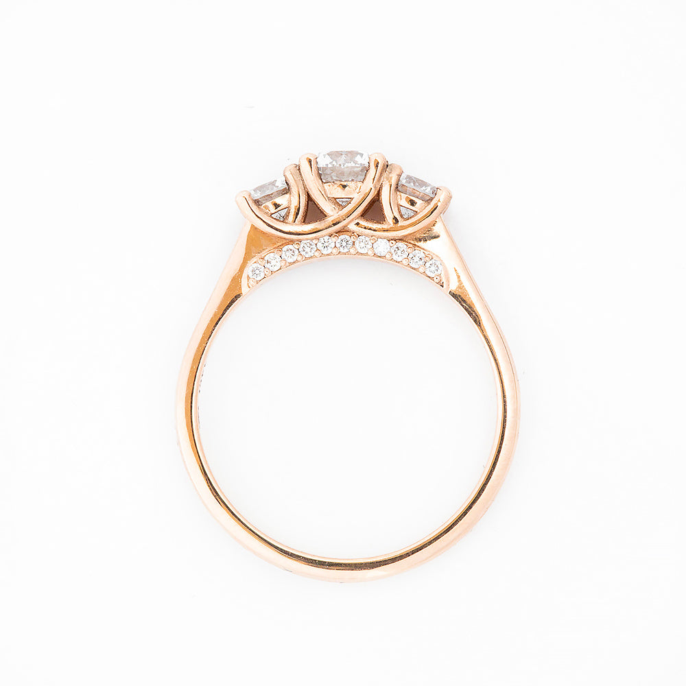 Brilliant cut Diamond Trilogy Engagement Ring in Rose Gold with Hidden Halo - Victoria's Jewellery