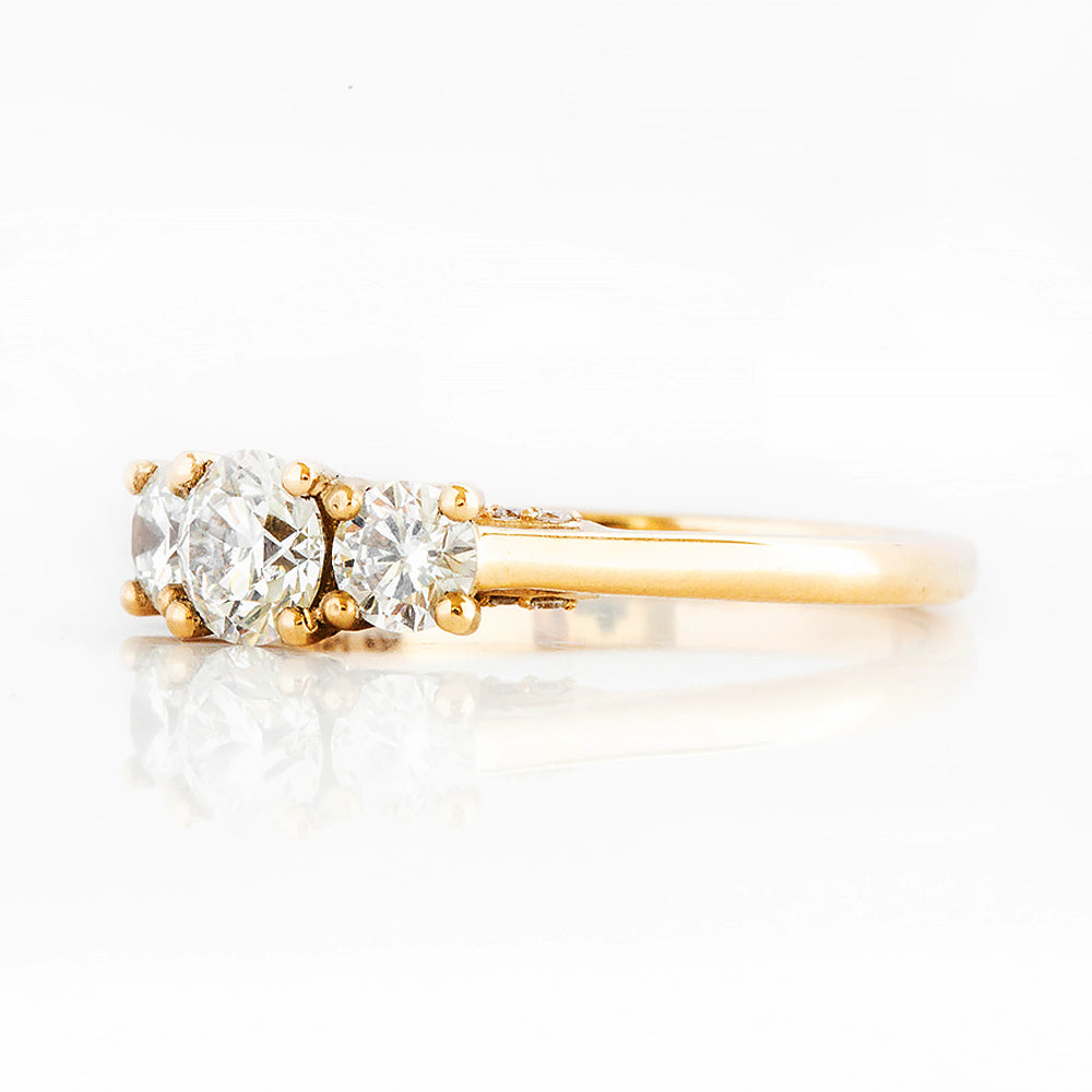 Brilliant cut Diamond Trilogy Engagement Ring in Yellow Gold with Hidden Halo - Victoria's Jewellery