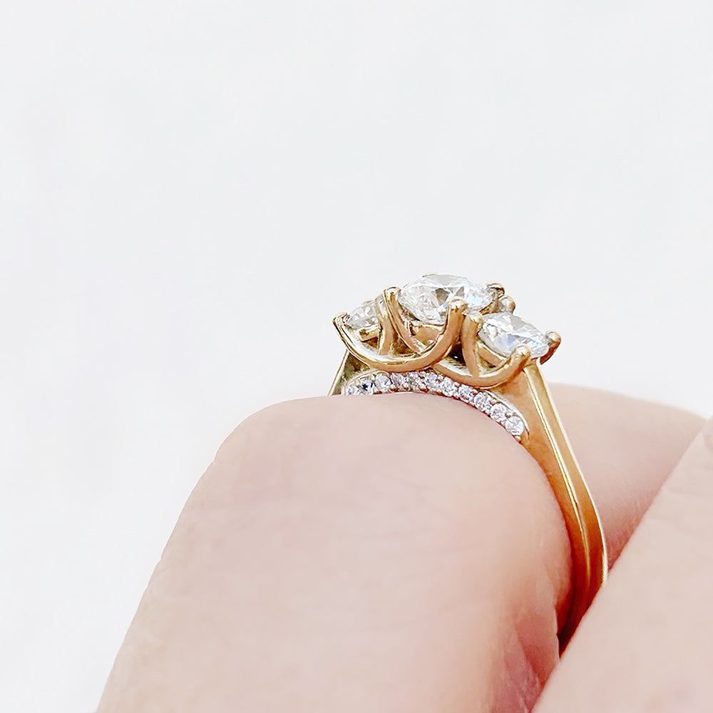 Brilliant cut Diamond Trilogy Engagement Ring in Yellow Gold with Hidden Halo - Victoria's Jewellery