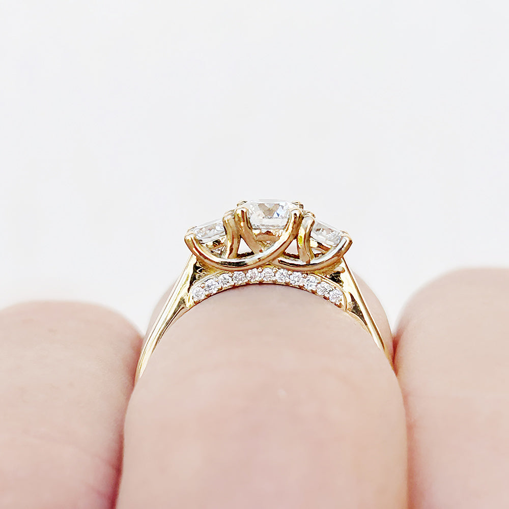 Brilliant cut Diamond Trilogy Engagement Ring in Yellow Gold with Hidden Halo - Victoria's Jewellery