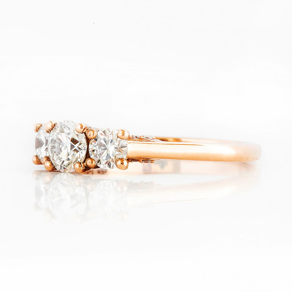 Brilliant cut Diamond Trilogy Engagement Ring in Rose Gold with Hidden Halo - Victoria's Jewellery