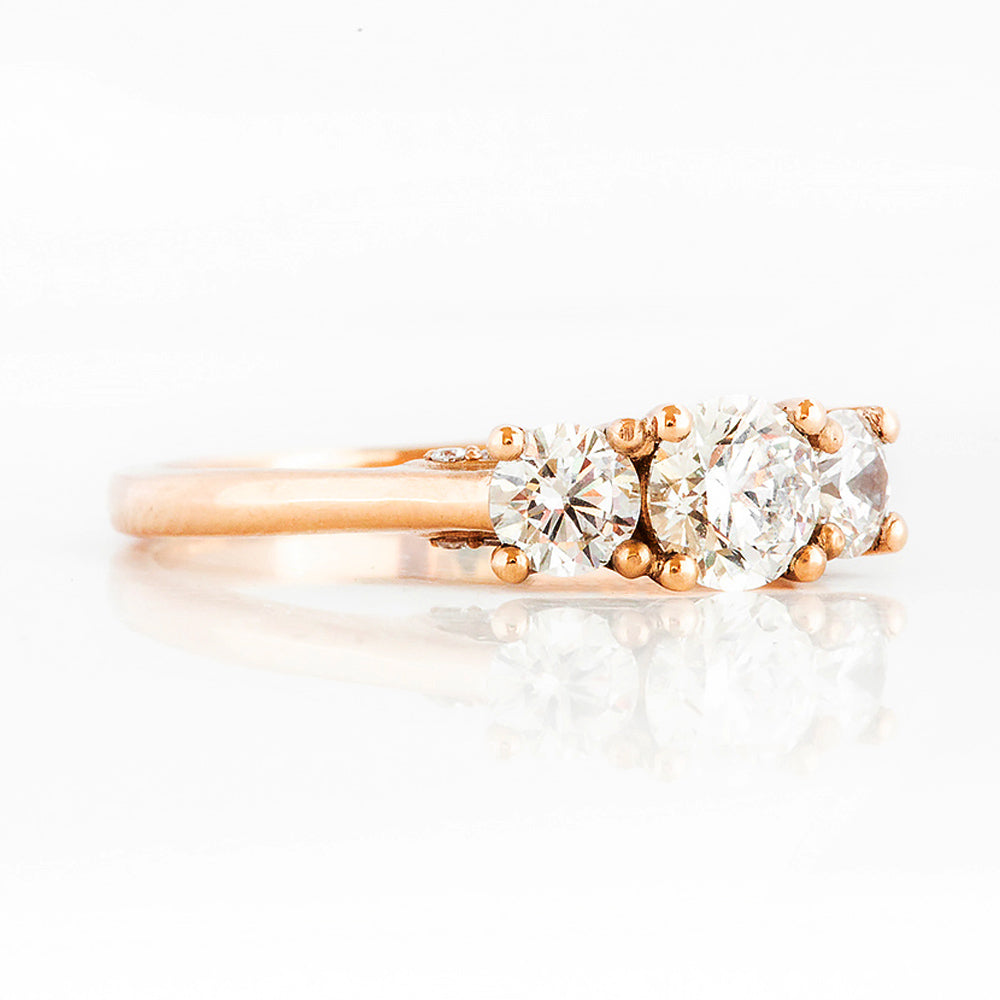 Brilliant cut Diamond Trilogy Engagement Ring in Rose Gold with Hidden Halo - Victoria's Jewellery