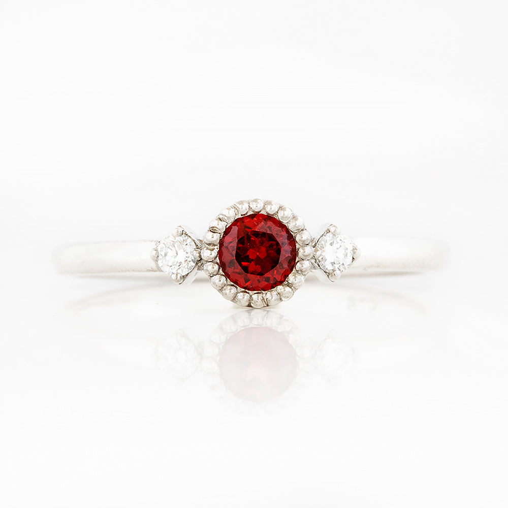 Round cut Garnet and Diamond Trilogy Promise Ring - Victoria's Jewellery
