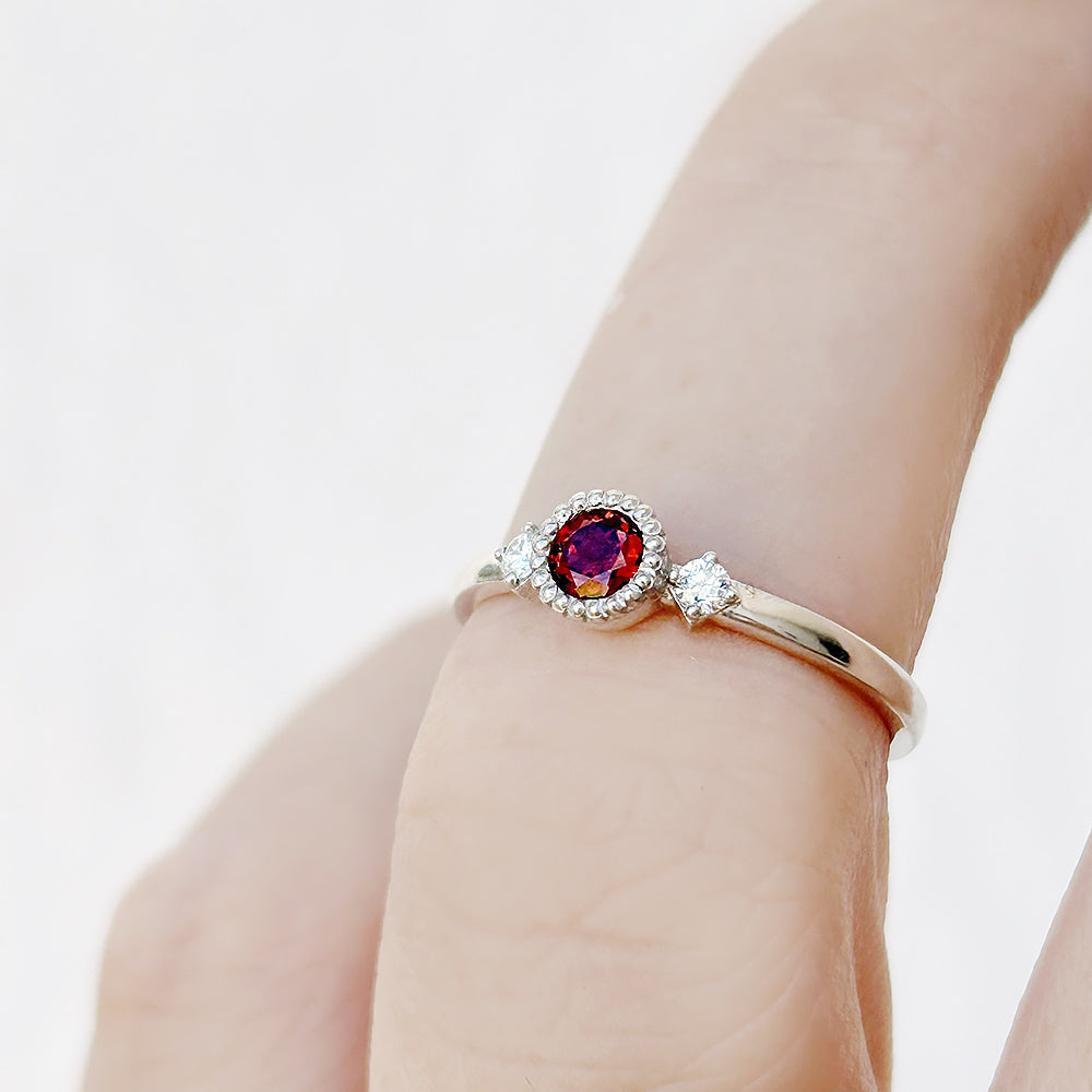 Round cut Garnet and Diamond Trilogy Promise Ring - Victoria's Jewellery