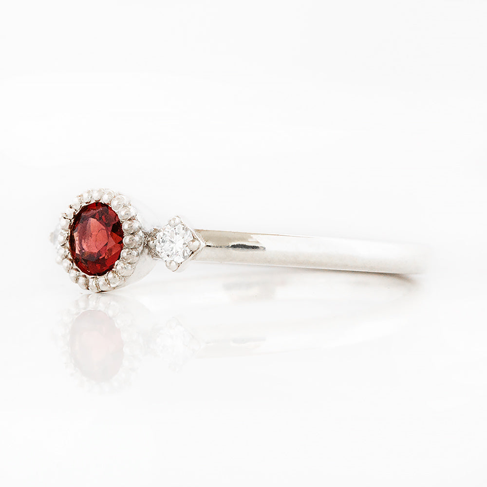 Round cut Garnet and Diamond Trilogy Promise Ring - Victoria's Jewellery