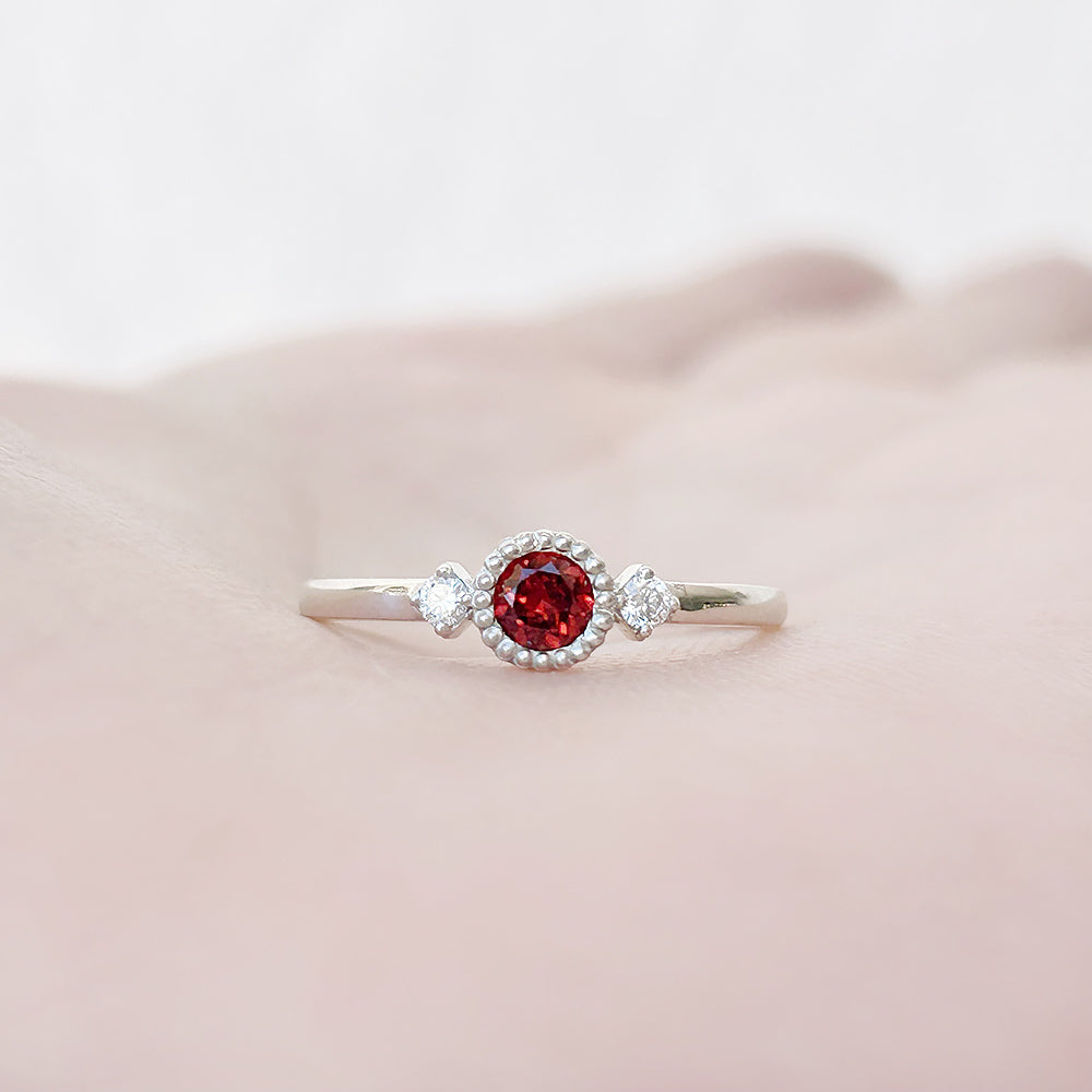 Round cut Garnet and Diamond Trilogy Promise Ring - Victoria's Jewellery