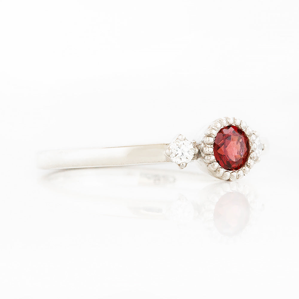 Round cut Garnet and Diamond Trilogy Promise Ring - Victoria's Jewellery