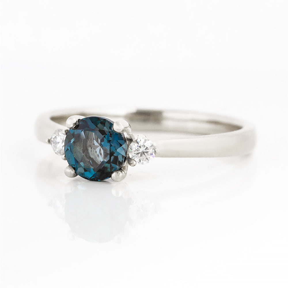 Round cut London Blue Topaz and Diamond Trilogy Engagement Ring in White Gold - Victoria's Jewellery